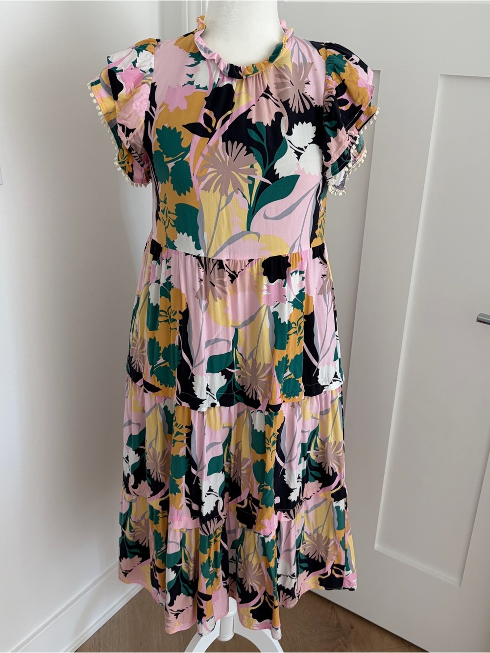 THML Floral Tiered Midi Dress XS Pink Flutter Sleeve Boho Pom Trim Rayon*#1